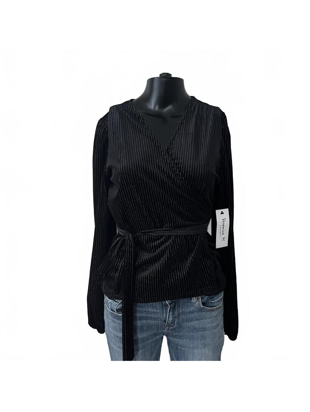 Veronica M. "Lucio Velvet Wrap Top" Black Silver Glitter Wrap Top NWT